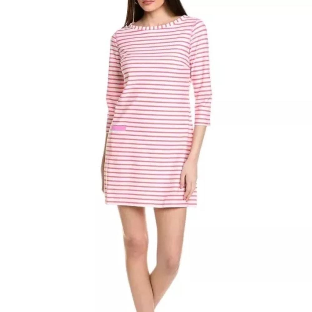 LK NEW Cabana Life SPF 50 Spandex blend shift dress stripe boatneck pocket CORAL